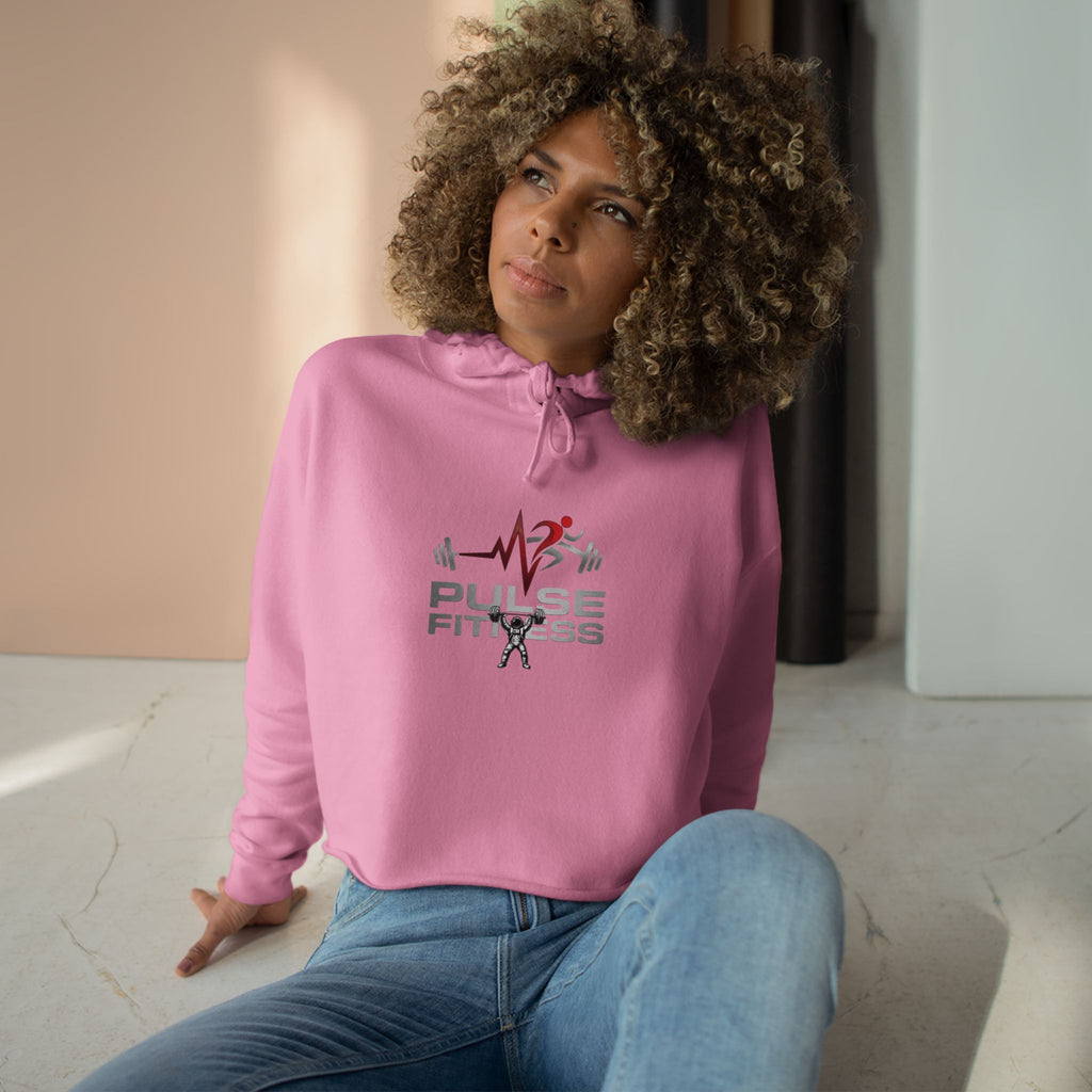 Pulse Fitness Crop Hoodie — Women's Gym Cropped Hoodie with Heartbeat Barbell Logo