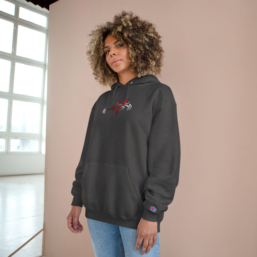 Womens Champion Hoodie — Minimal Fitness Hoodie with Heartbeat & Barbell Graphic