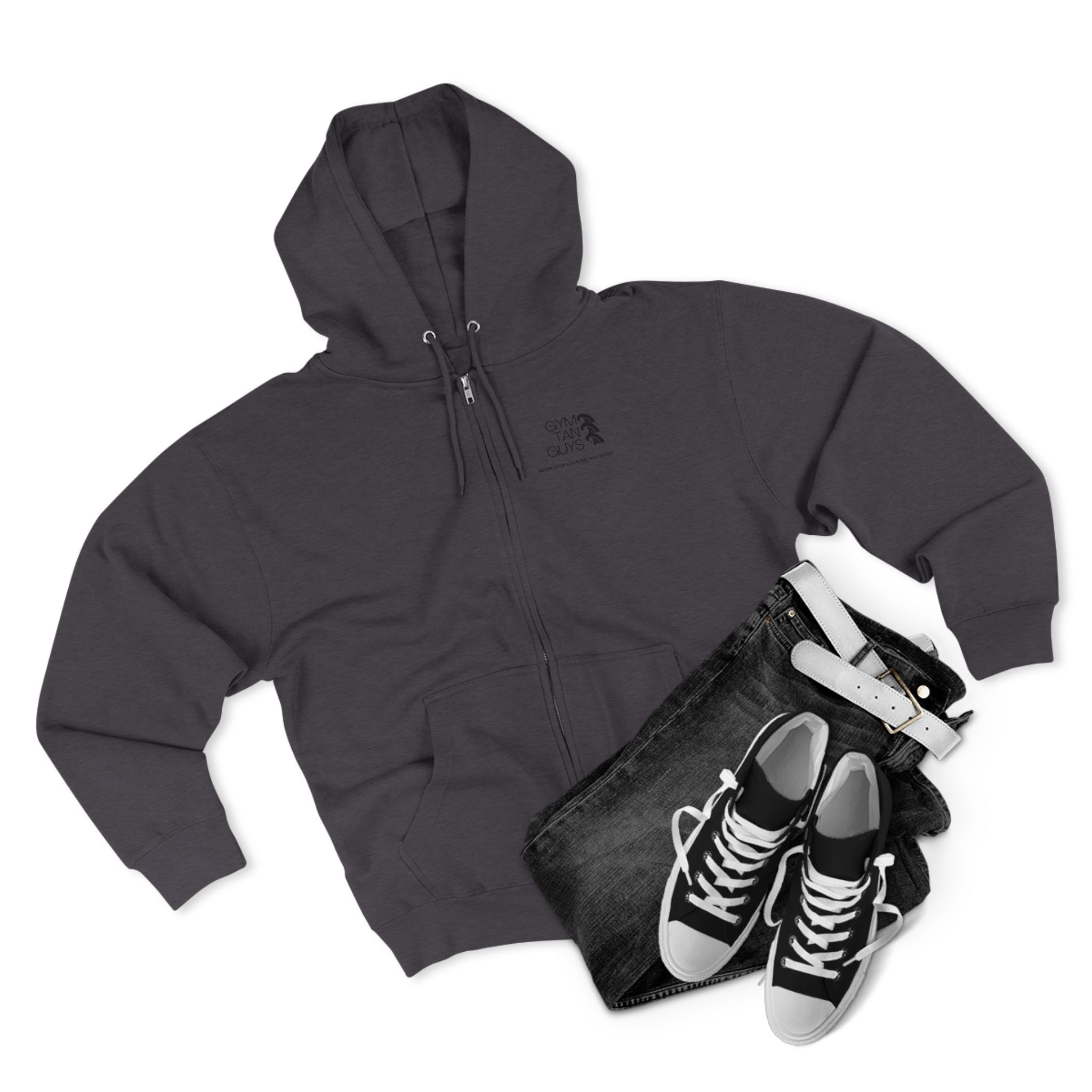Pulse Fitne55 Gym Tan Zip Hoodie — "Never Stop Looking This Good" logo