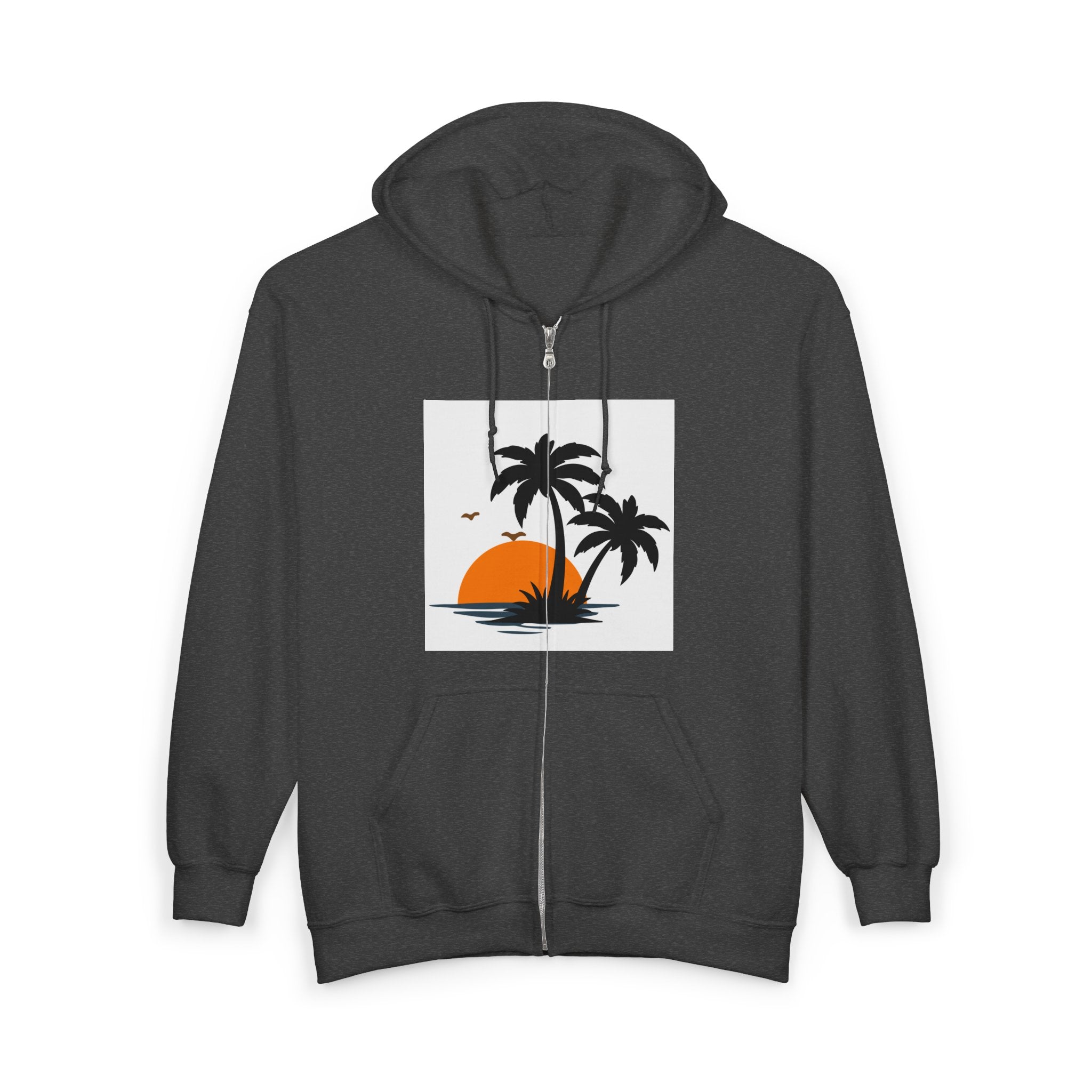 Tropical Sunset Zip Hoodie — "Exploring Summer Vibes" Graphic