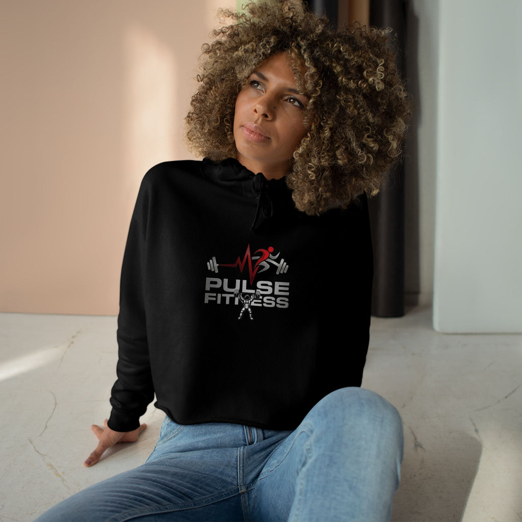 Pulse Fitness Crop Hoodie — Women's Gym Cropped Hoodie with Heartbeat Barbell Logo
