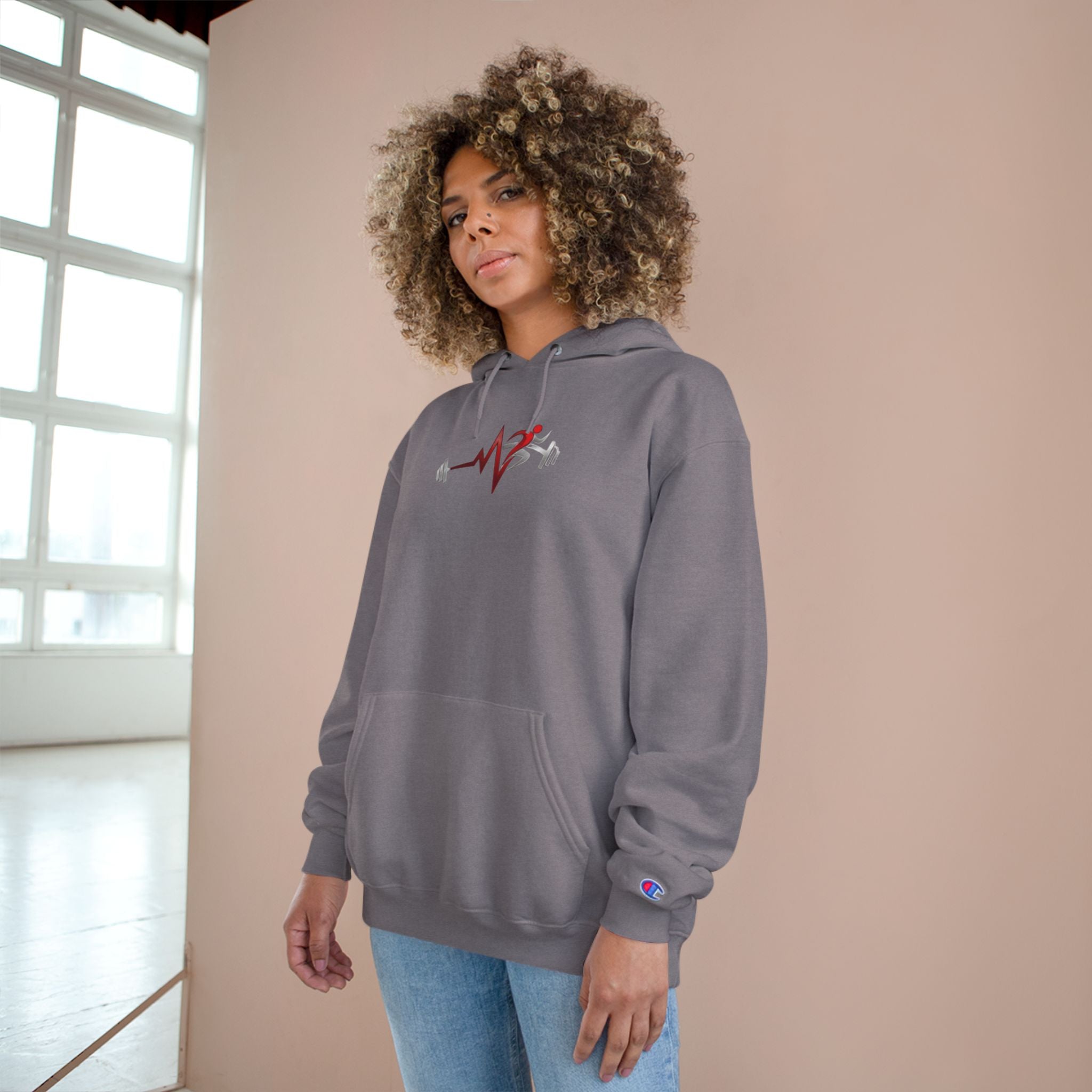 Womens Champion Hoodie — Minimal Fitness Hoodie with Heartbeat & Barbell Graphic
