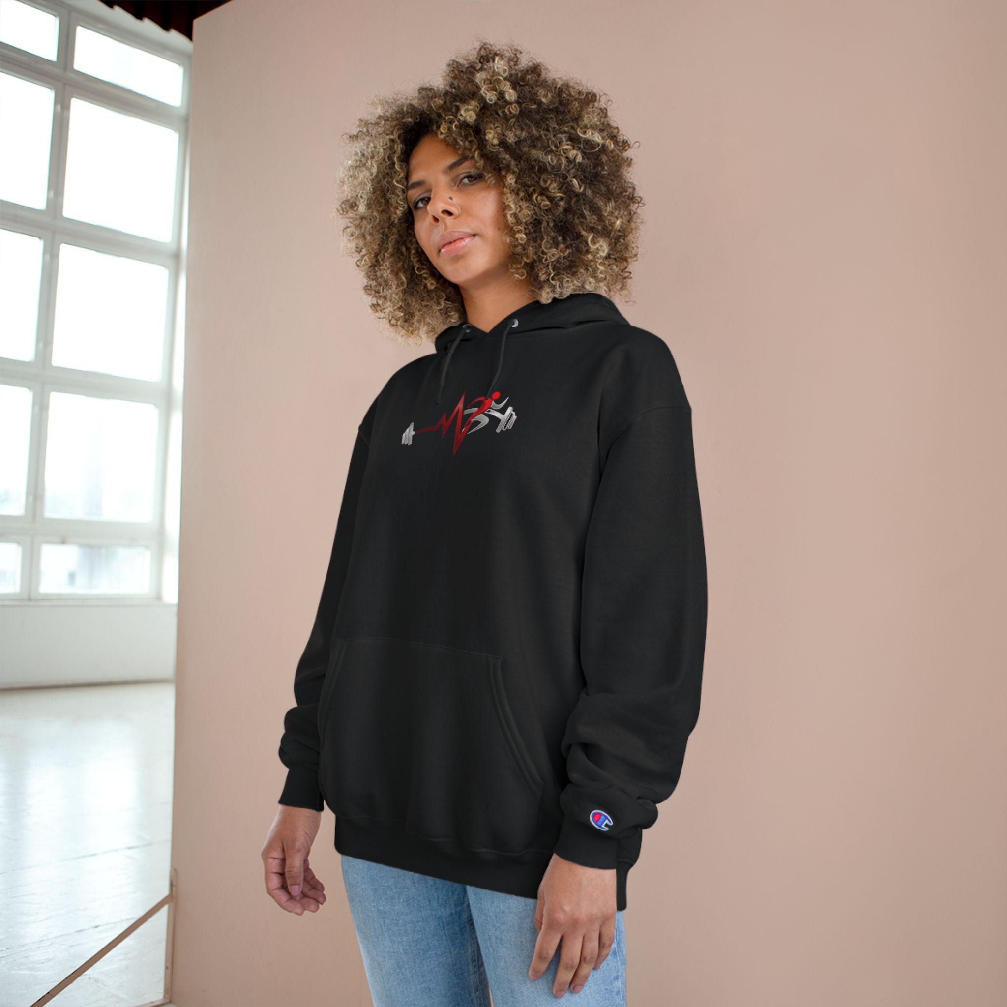 Womens Champion Hoodie — Minimal Fitness Hoodie with Heartbeat & Barbell Graphic