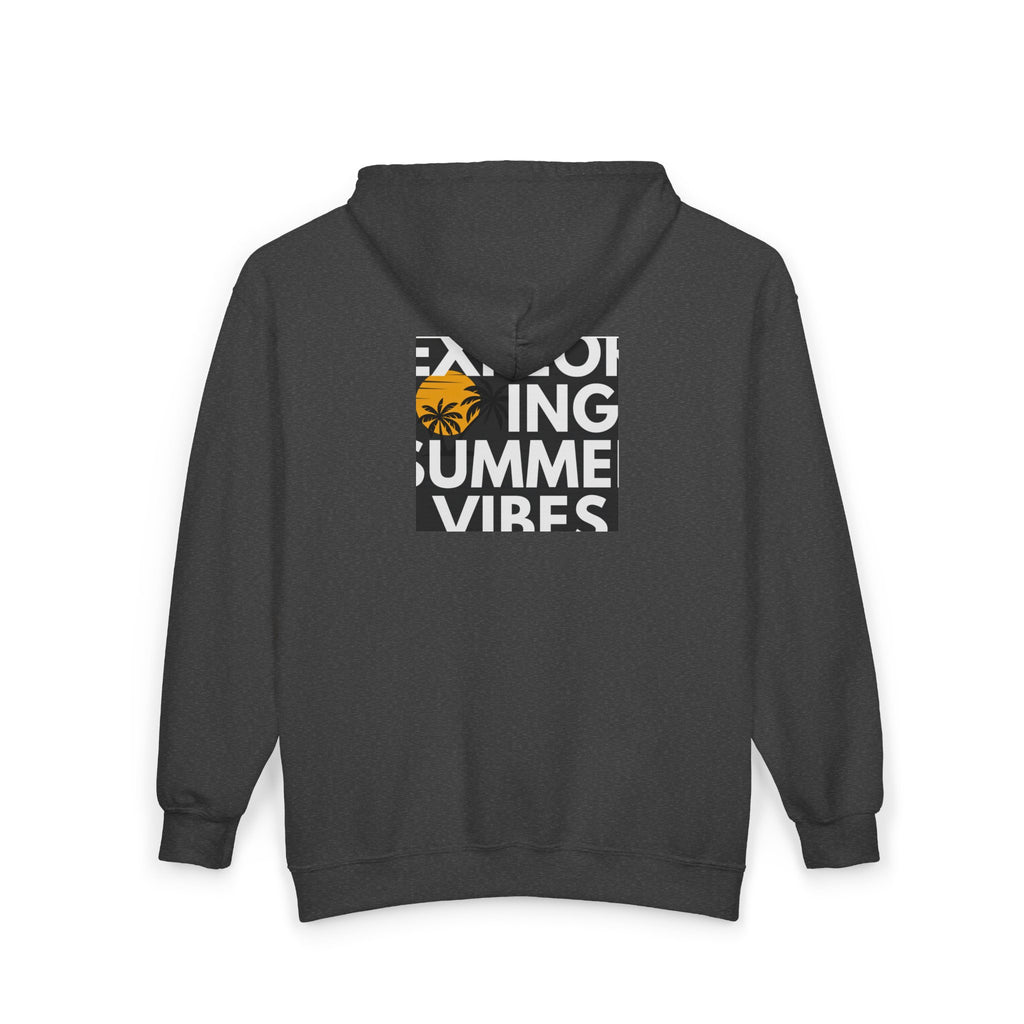 Tropical Sunset Zip Hoodie — "Exploring Summer Vibes" Graphic