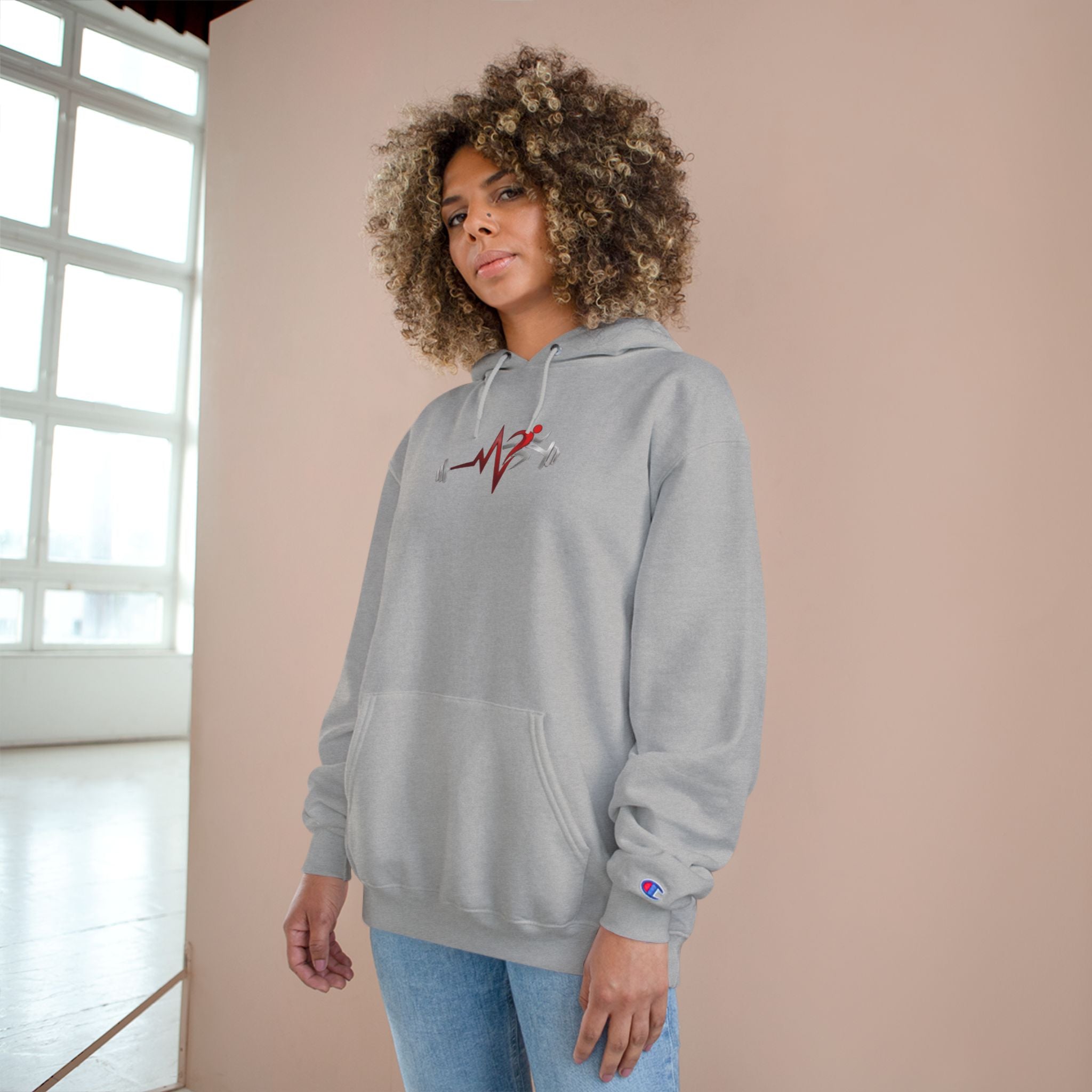 Womens Champion Hoodie — Minimal Fitness Hoodie with Heartbeat & Barbell Graphic