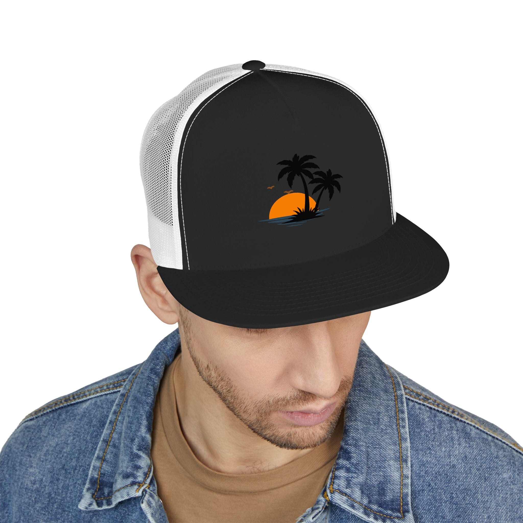 Trucker Cap — Sunset Palm Island Embroidered Beach Hat