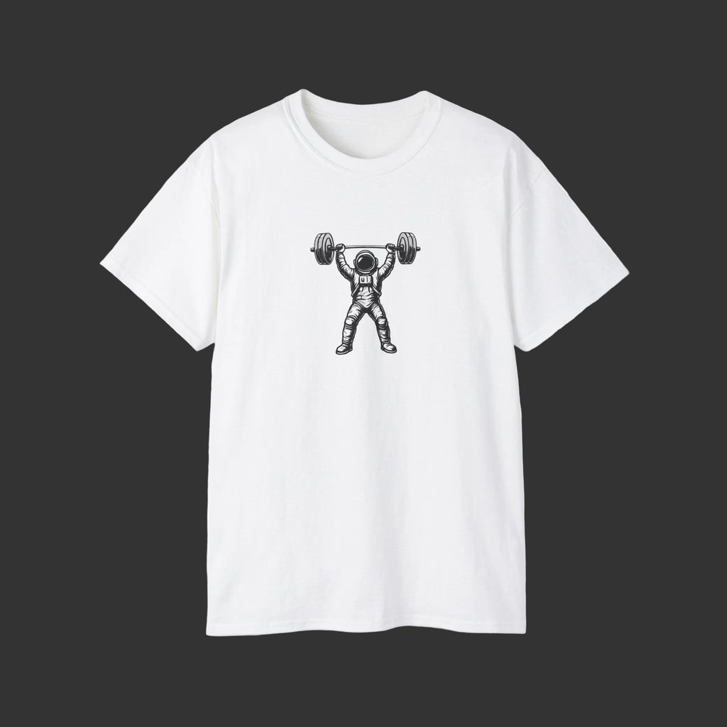 White t-shirt with an astronaut lifting weights graphic on a white background
