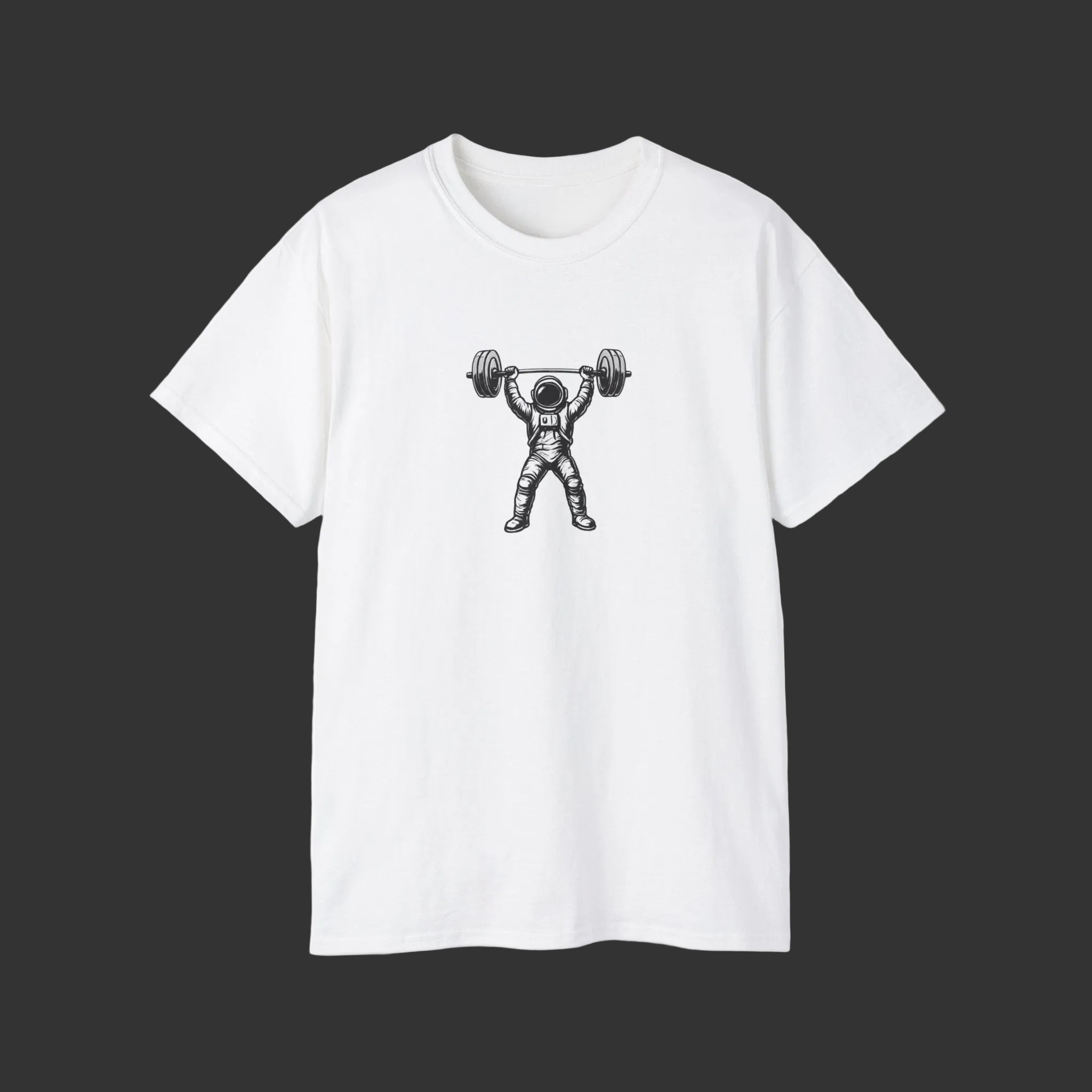 White t-shirt with an astronaut lifting weights graphic on a white background