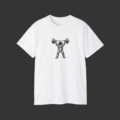 White t-shirt with an astronaut lifting weights graphic on a white background