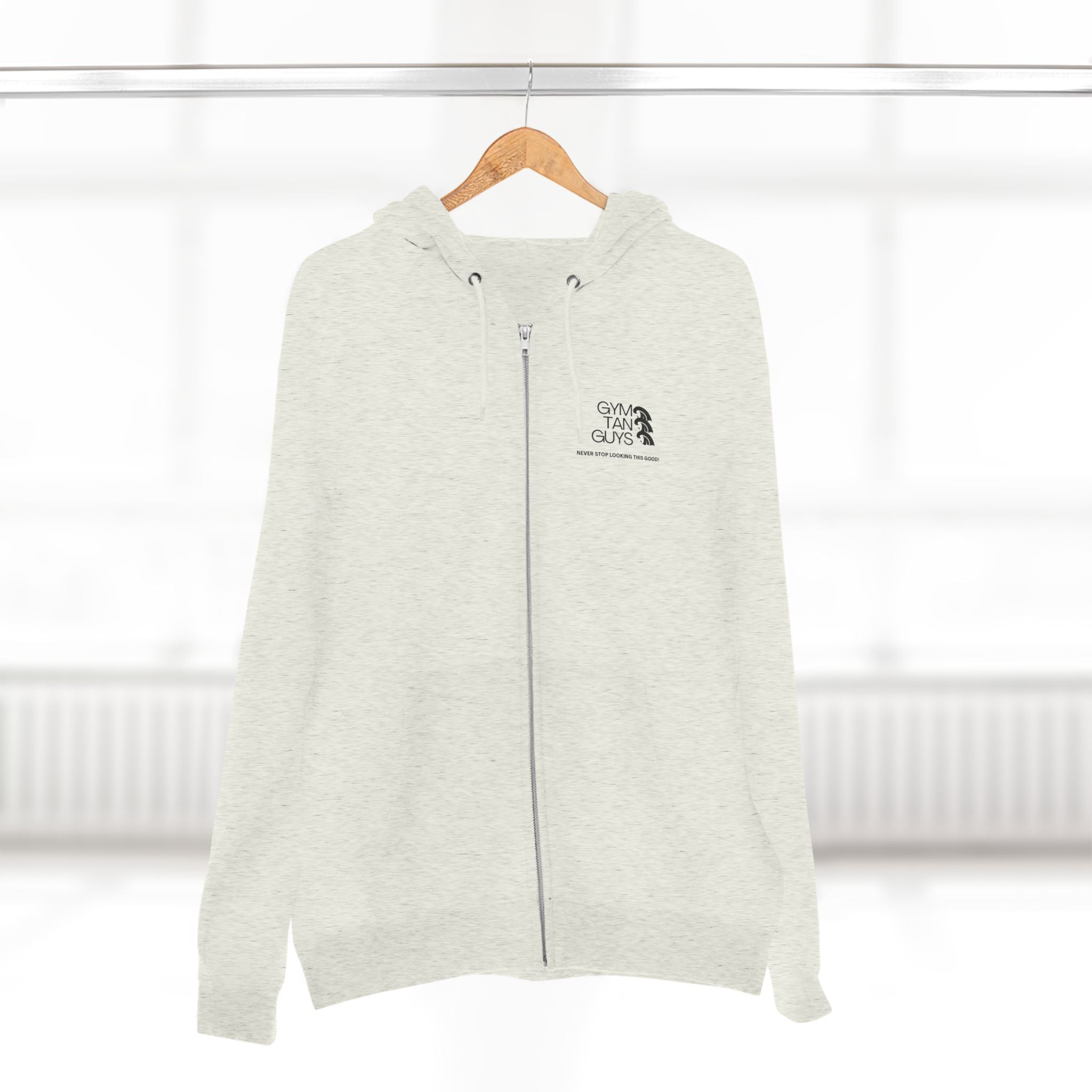 Pulse Fitne55 Gym Tan Zip Hoodie — "Never Stop Looking This Good" logo