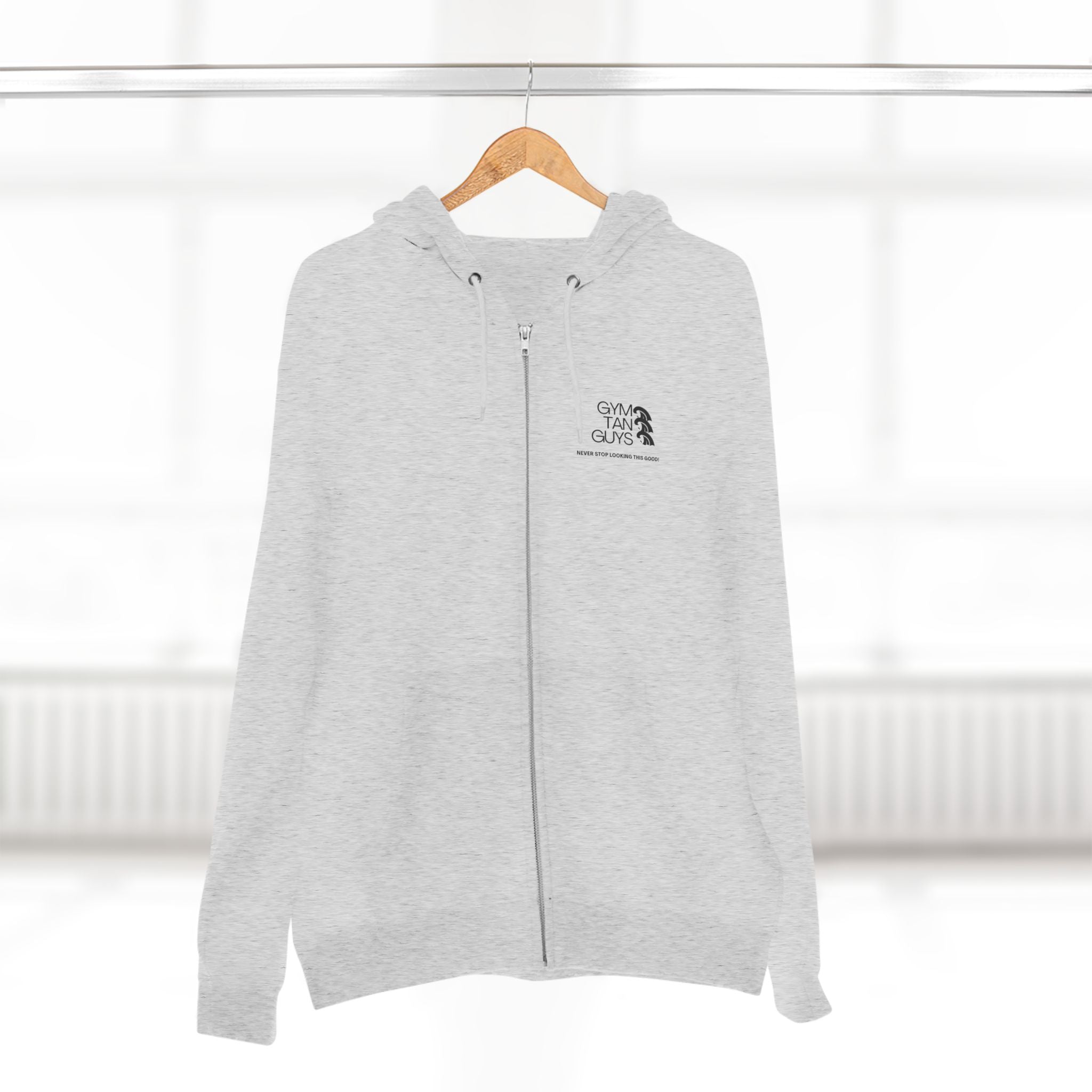 Pulse Fitne55 Gym Tan Zip Hoodie — "Never Stop Looking This Good" logo