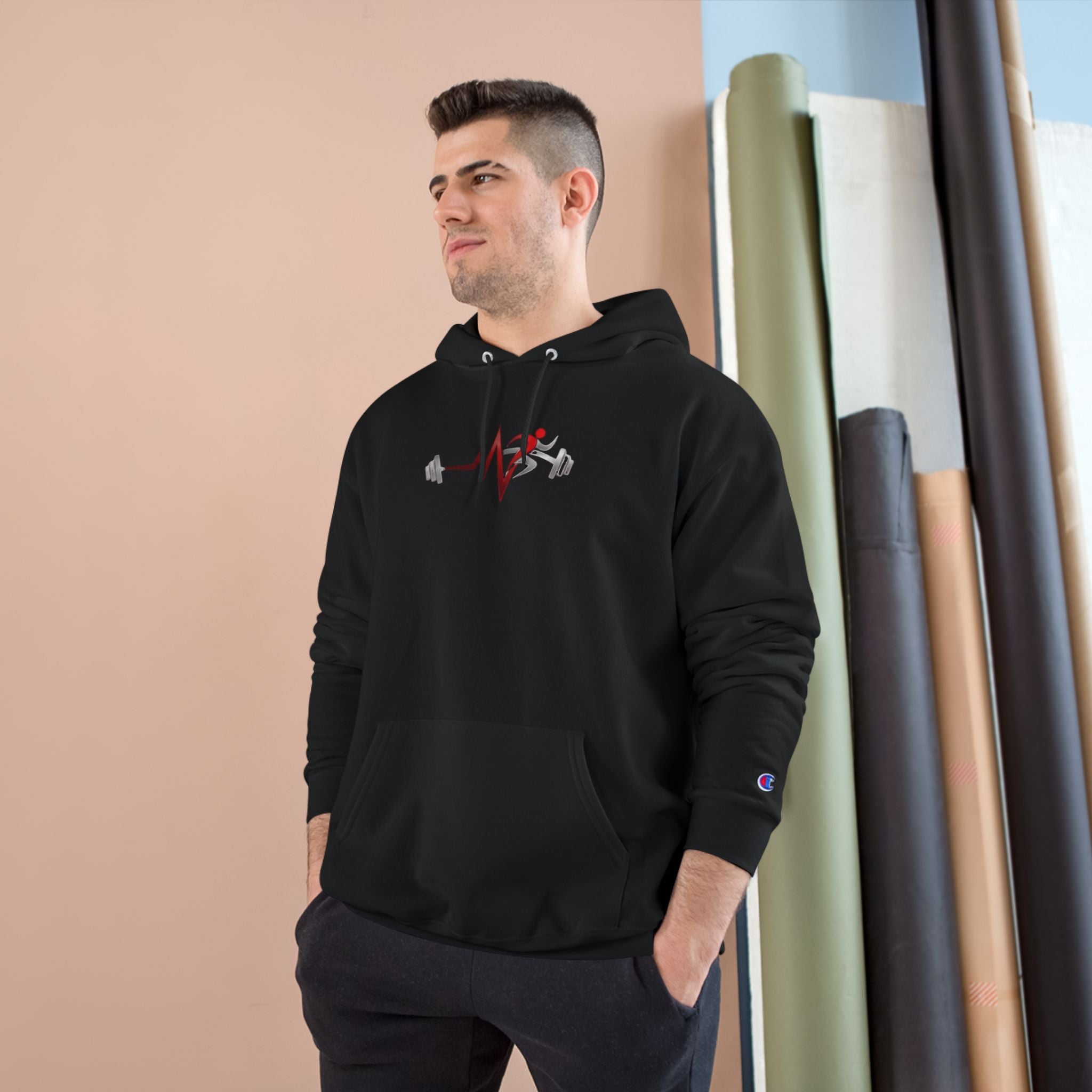 Womens Champion Hoodie — Minimal Fitness Hoodie with Heartbeat & Barbell Graphic