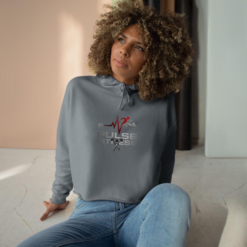 Pulse Fitness Crop Hoodie — Women's Gym Cropped Hoodie with Heartbeat Barbell Logo
