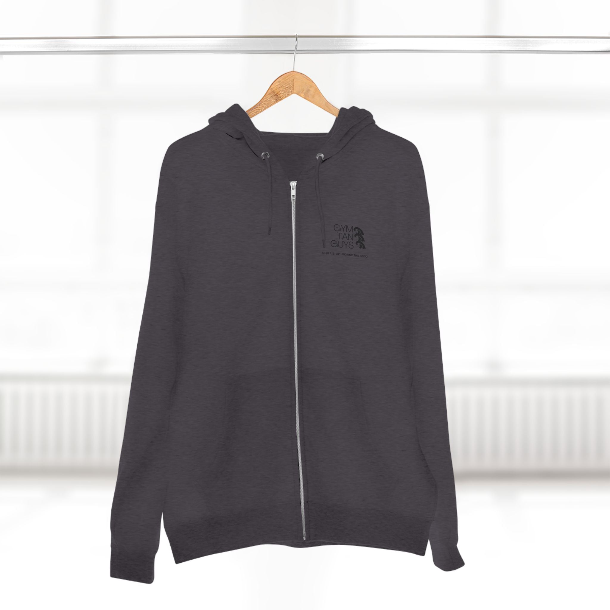 Pulse Fitne55 Gym Tan Zip Hoodie — "Never Stop Looking This Good" logo