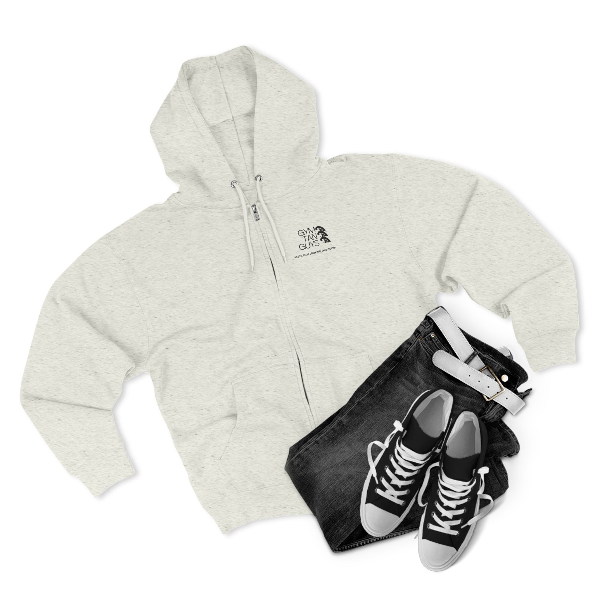Pulse Fitne55 Gym Tan Zip Hoodie — "Never Stop Looking This Good" logo
