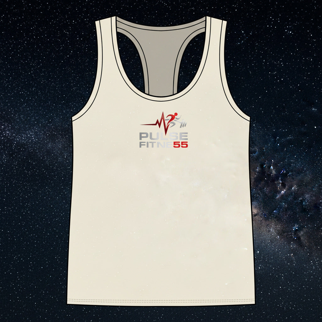 Beige tank top with Pulse Fitness logo on a white background