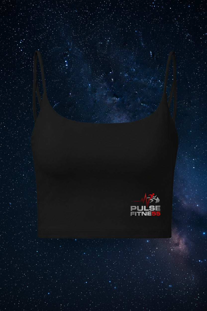 Black crop top with Pulse Fitness logo on a white background