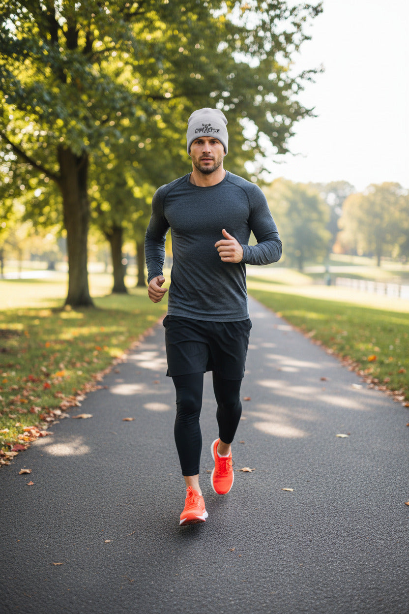 Gray beanie with 'Gym Star' logo on a white background