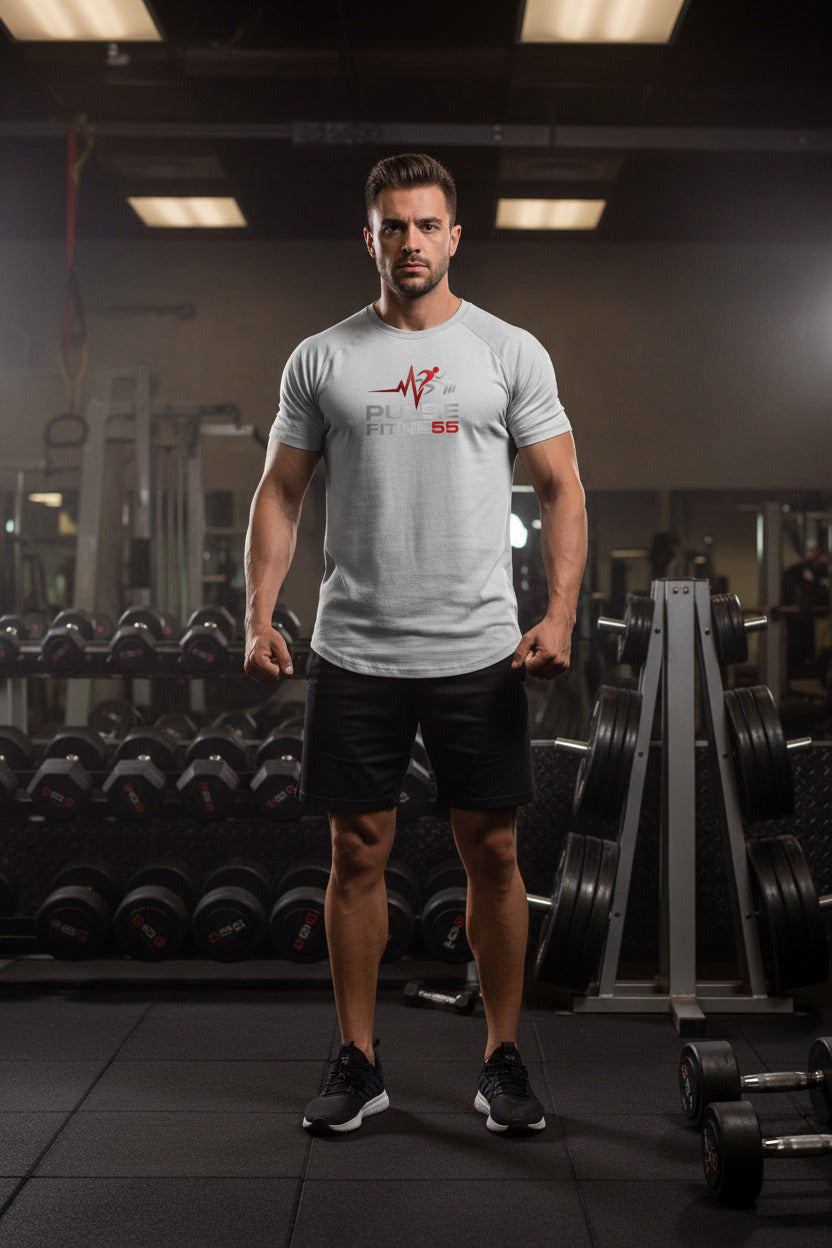 Gray t-shirt with Pulse Fitness 55 logo on a white background