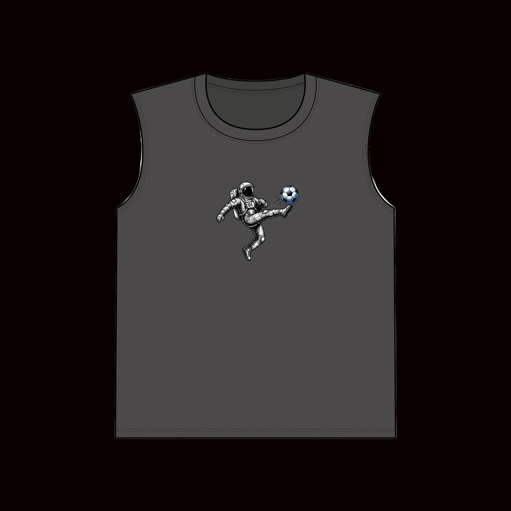 Gray tank top with an astronaut playing soccer design on a white background