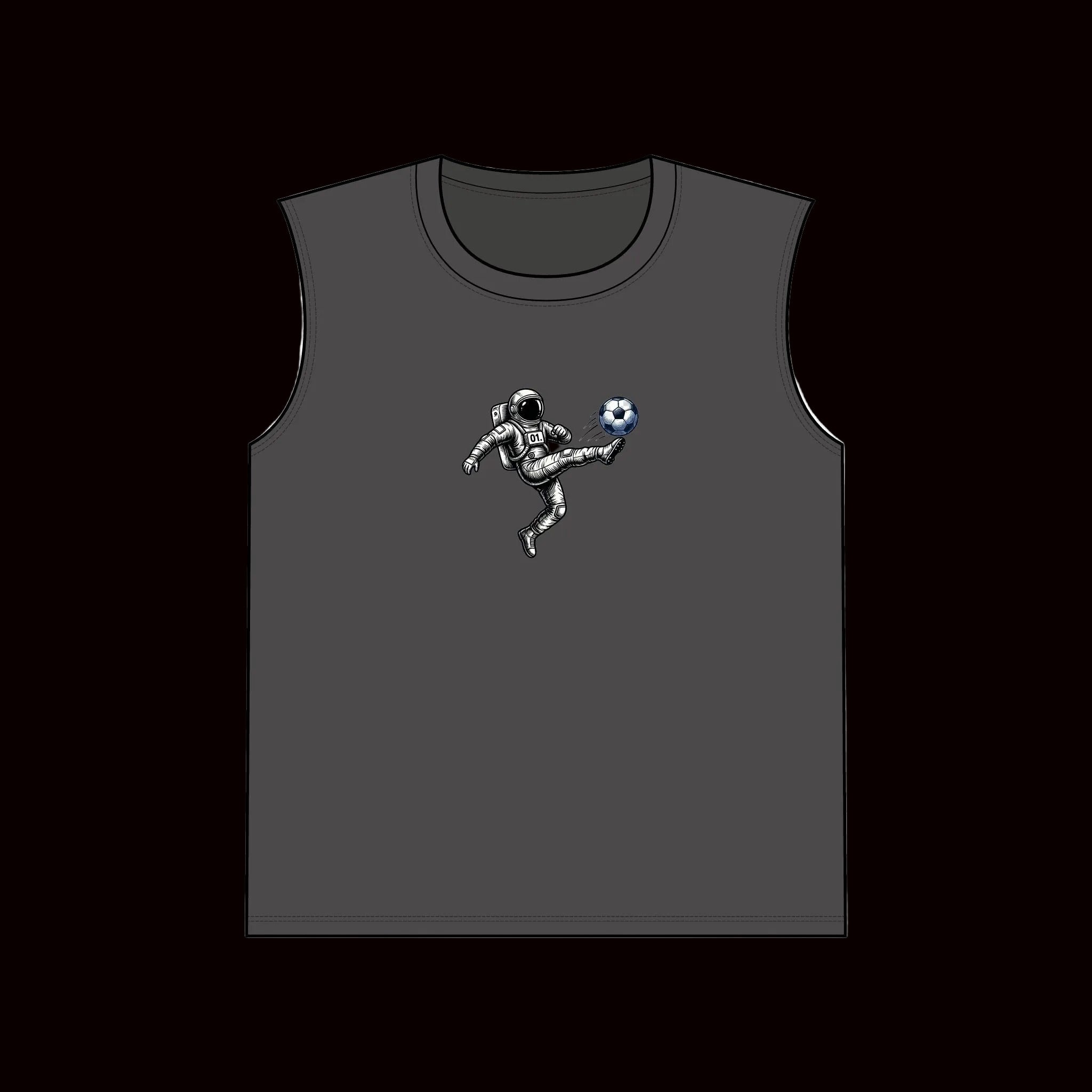 Gray tank top with an astronaut playing soccer design on a white background