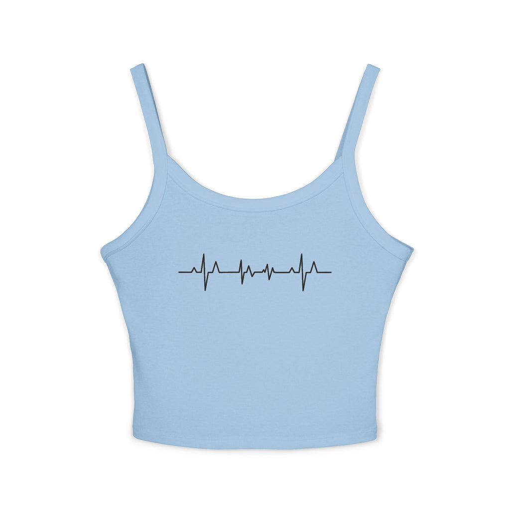 Light blue crop top with a black heartbeat design on a white background