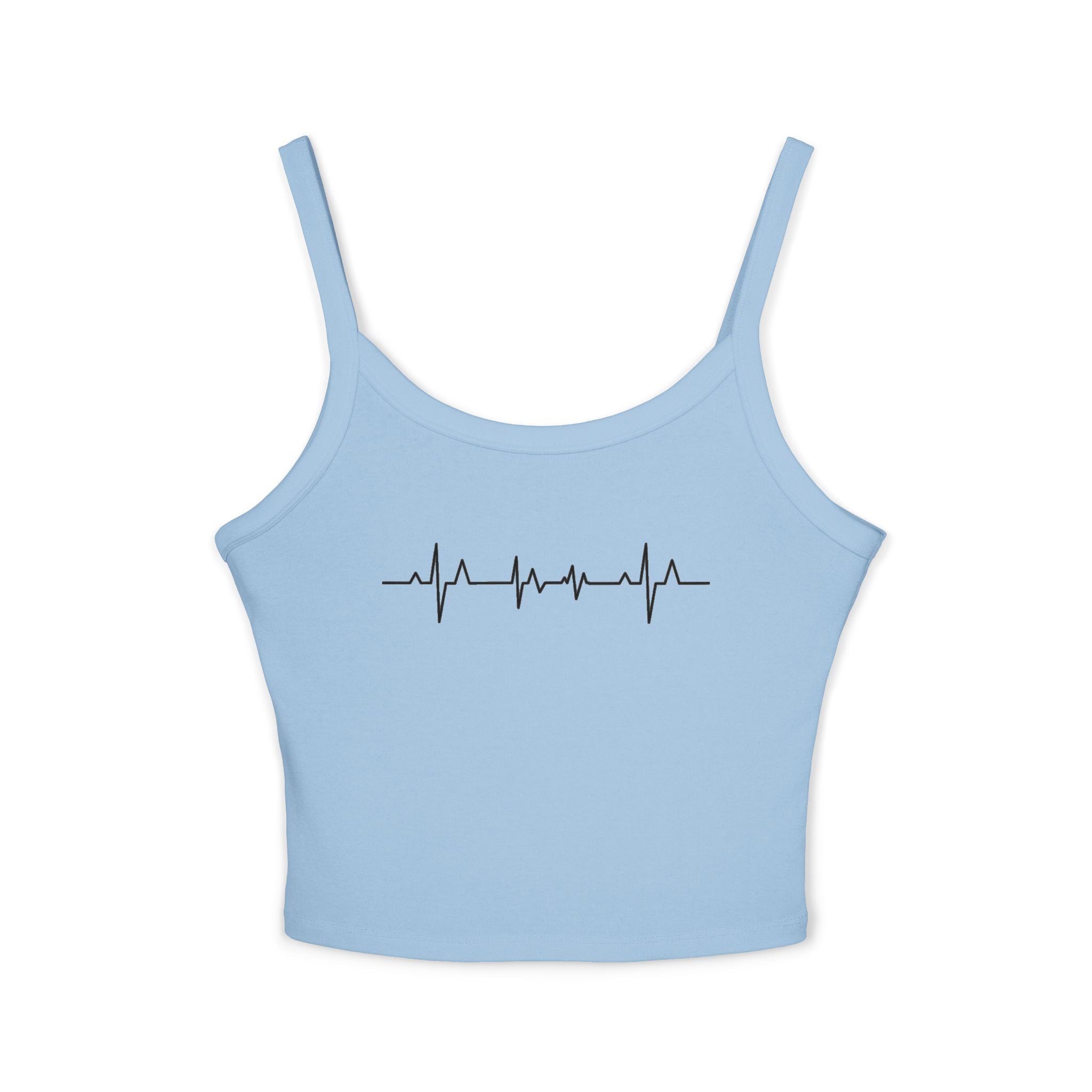 Light blue crop top with a black heartbeat design on a white background