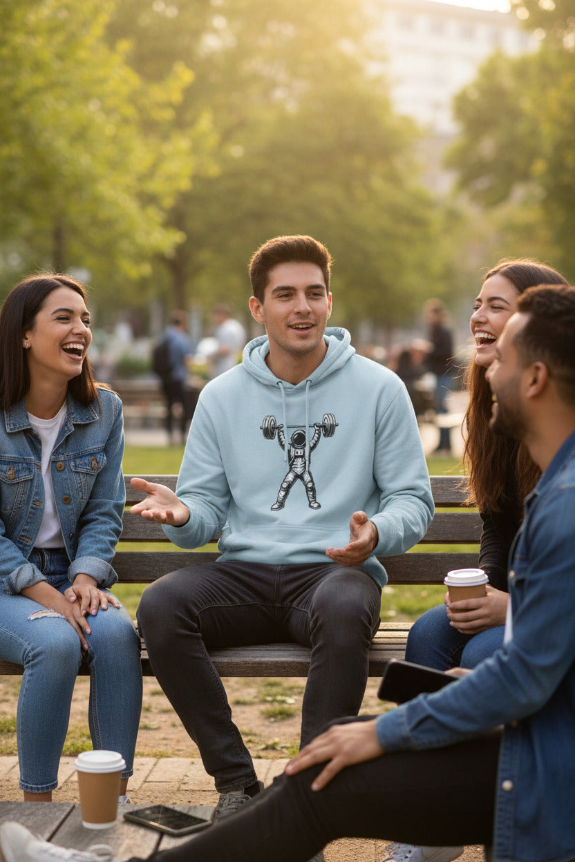 Light blue hoodie with an astronaut lifting weights design on a hanger against a white background