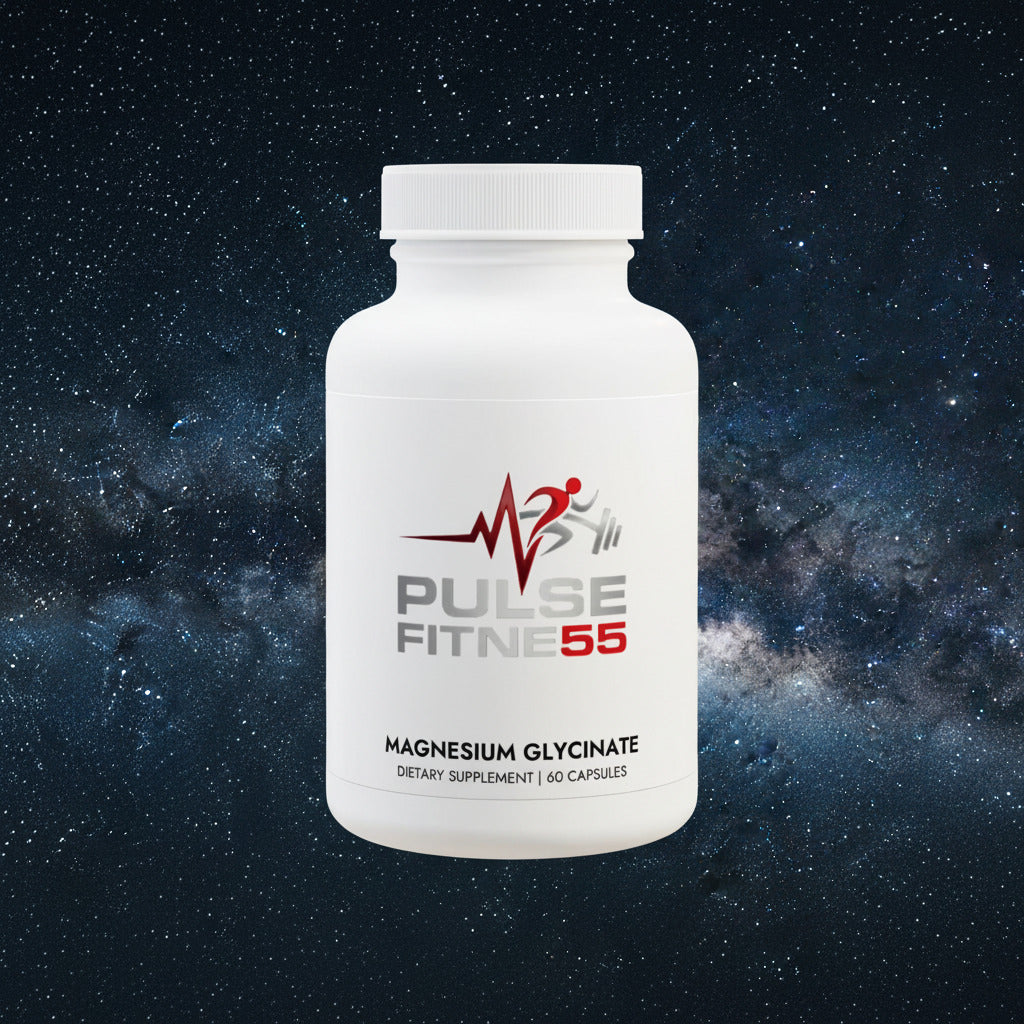 Supplement bottle labeled 'Pulse Fitness 55' on a white background