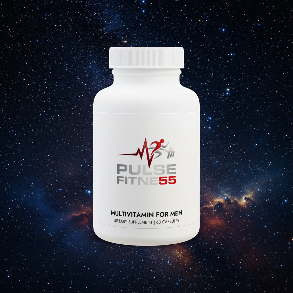 White supplement bottle labeled 'Pulse Fitness 55' on a white background