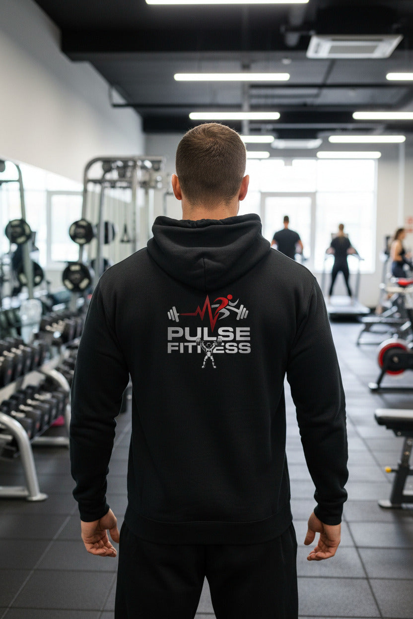 Black hoodie with 'Pulse Fitness' logo on the back against a white background