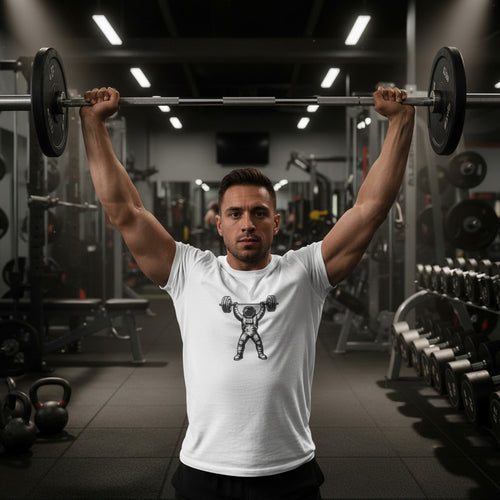 White t-shirt with an astronaut lifting weights graphic on a white background