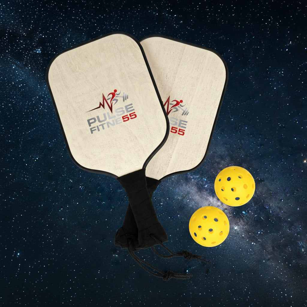 Two pickleball paddles with 'cat papa' branding and three yellow balls on a white background.