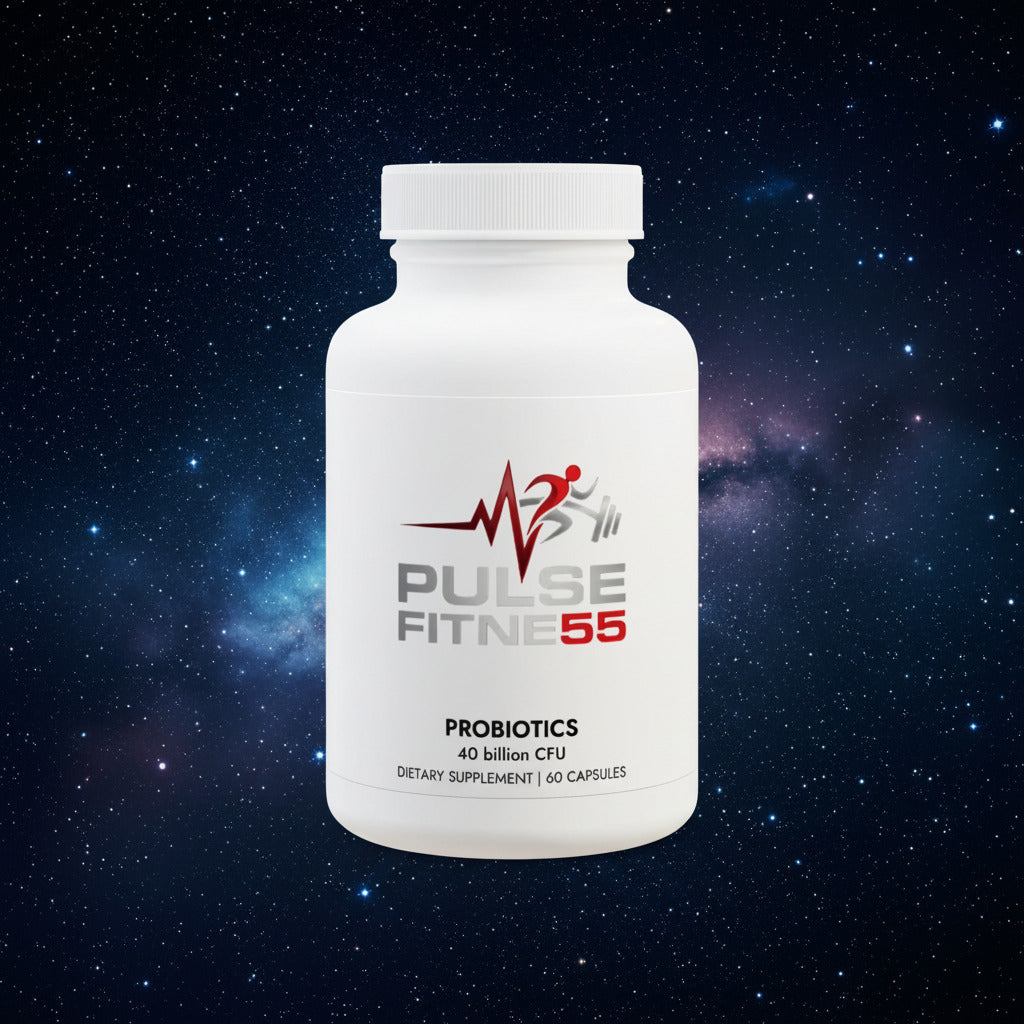 White supplement bottle labeled 'Pulse Fitness 55' on a white background