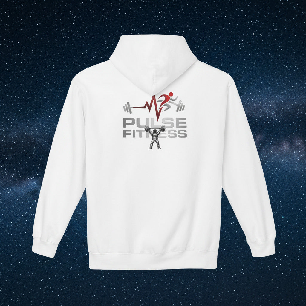 White hoodie with Pulse Fitness logo on a white background