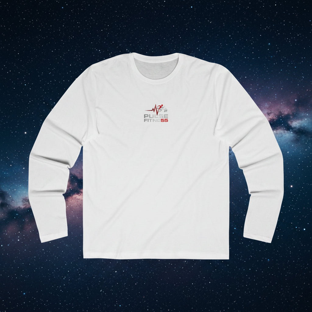 White long-sleeve shirt with a logo on a white background