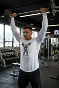 White long-sleeve shirt with an astronaut lifting weights graphic on a white background