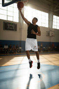 White shorts with Pulse Fitness 55 logo on a white background