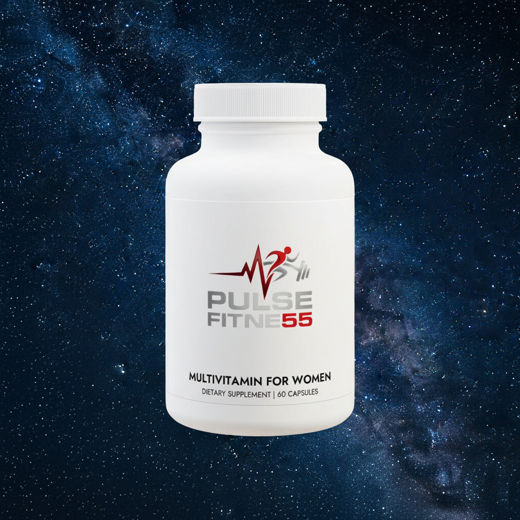 White supplement bottle labeled 'Pulse Fitness 55' on a white background