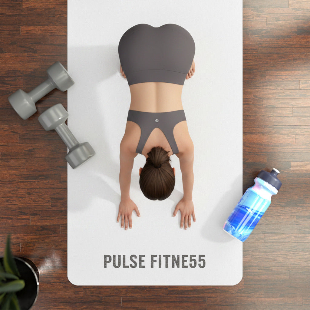 Two gray dumbbells and a blue water bottle on a white mat with a wooden floor background