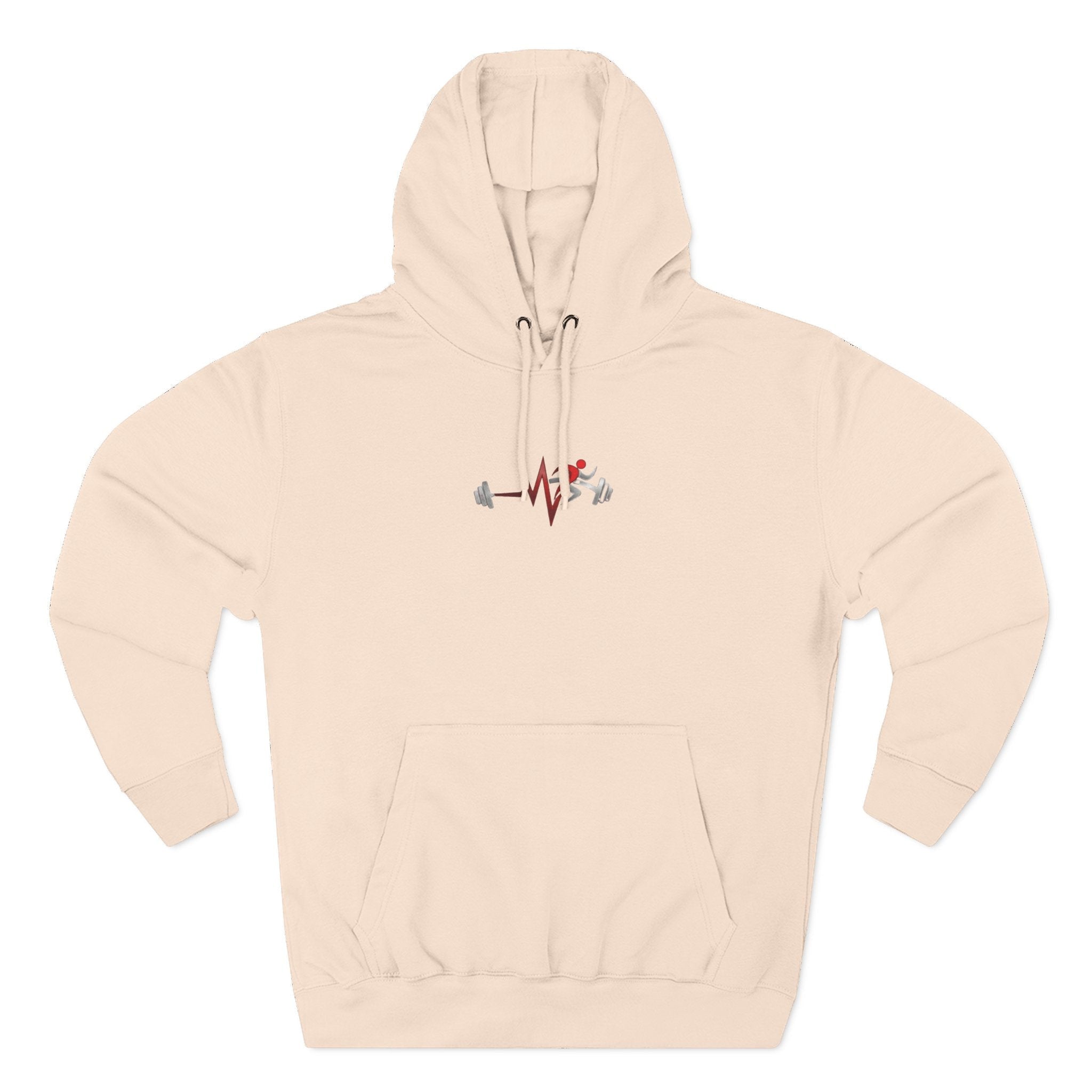 Pulse Fitne55 beige fleece pullover hoodie with adjustable hood and kangaroo pocket, featuring a chest graphic of a heartbeat with barbell and running figures.