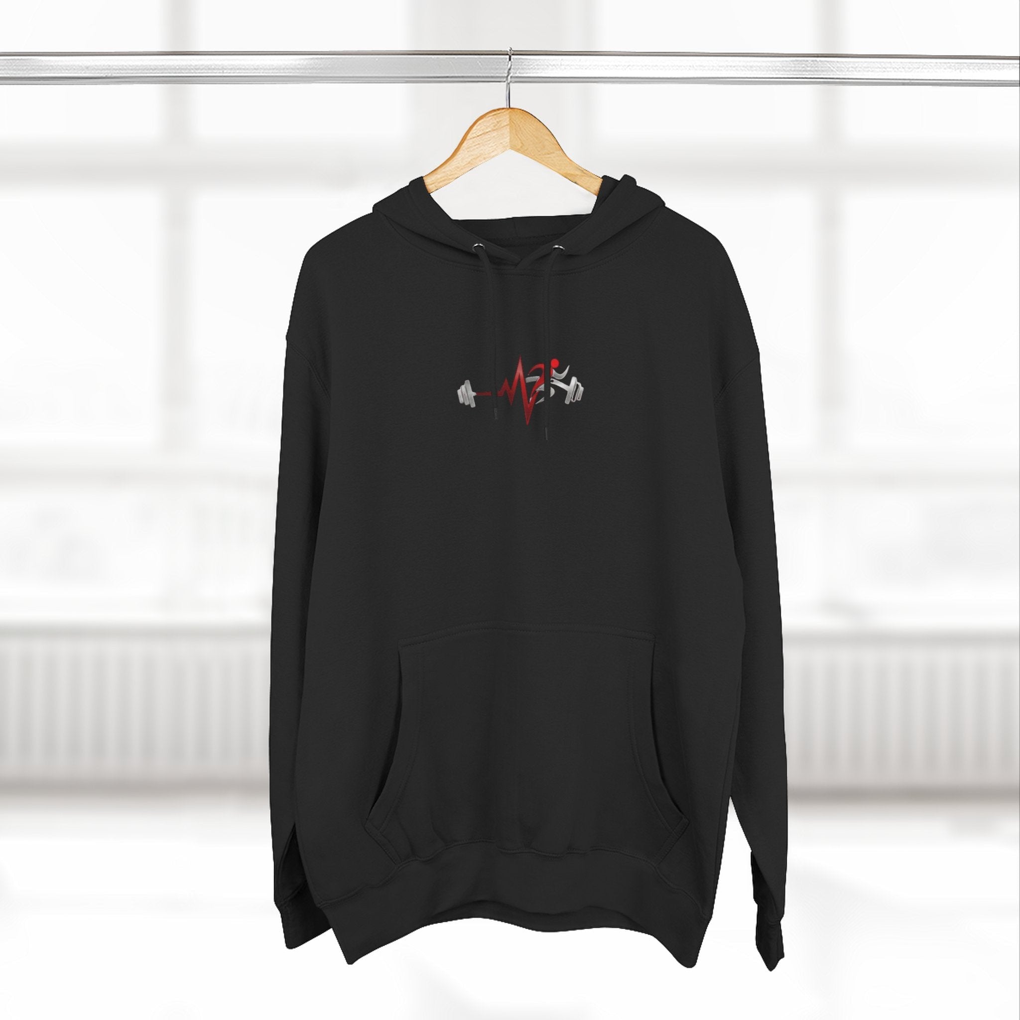 Pulse Fitne55 black fleece pullover hoodie with adjustable hood, kangaroo pocket, and fitness graphic on chest.