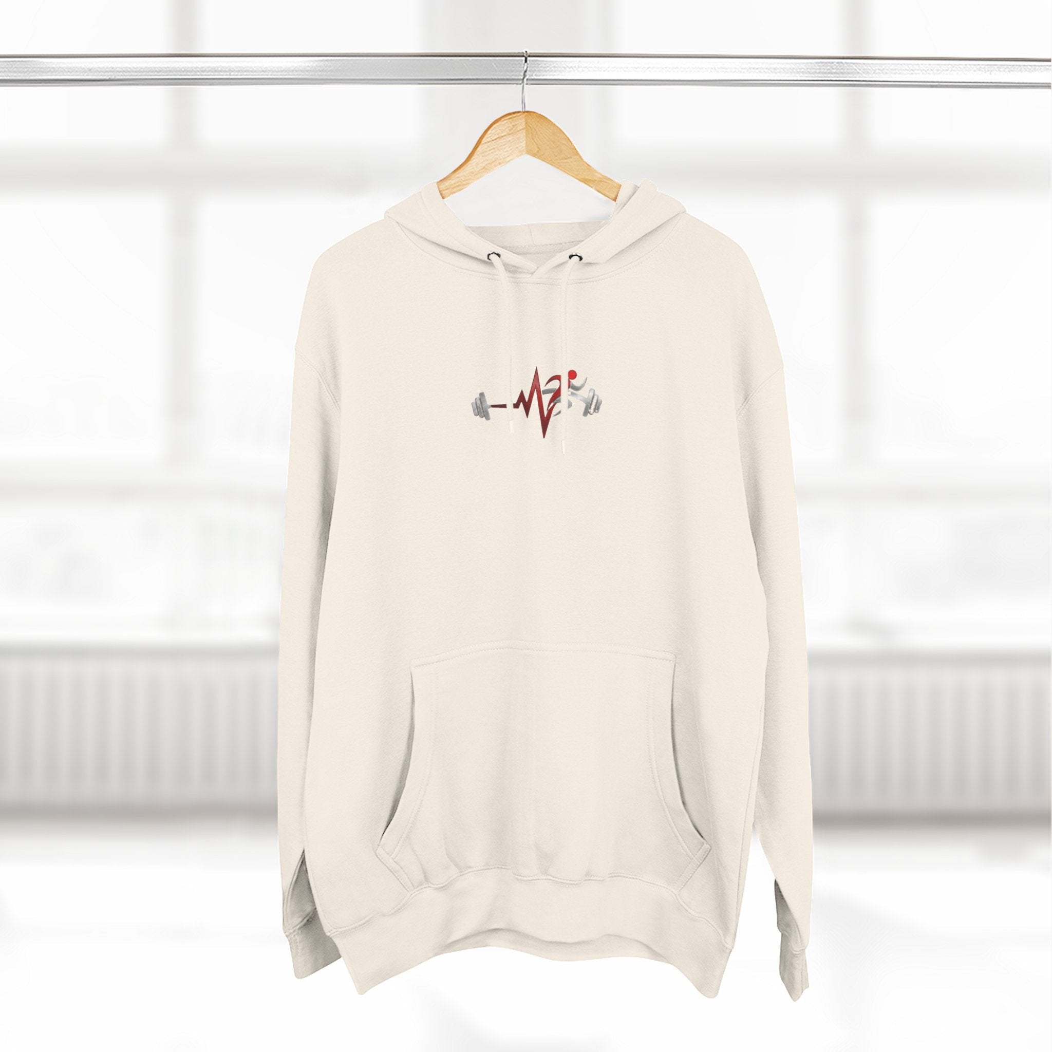 Pulse Fitne55 cream fleece pullover hoodie with adjustable hood, kangaroo pocket, and fitness graphic on chest.