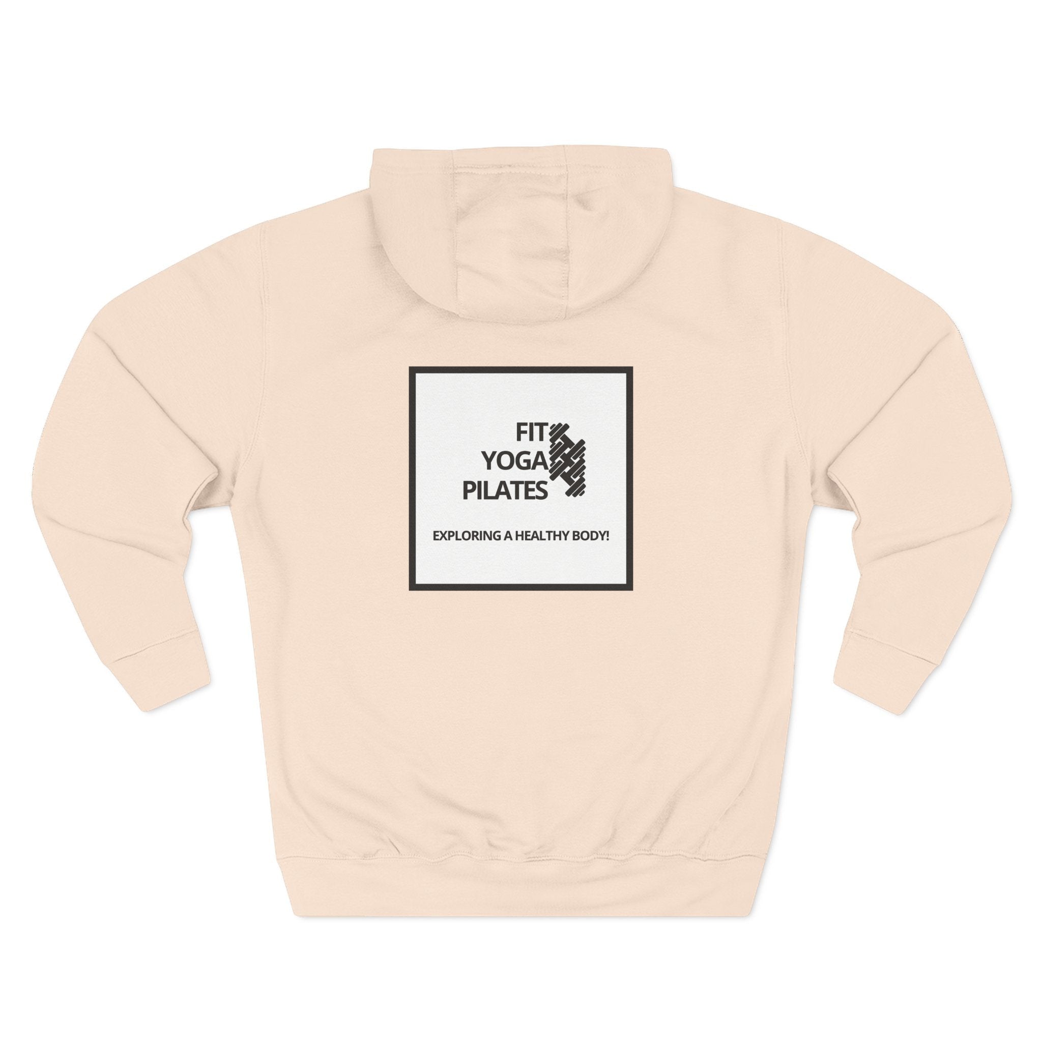 Pulse Fitne55 beige fleece pullover hoodie with 'Fit Yoga Pilates' graphic on back. Adjustable hood, kangaroo pocket.