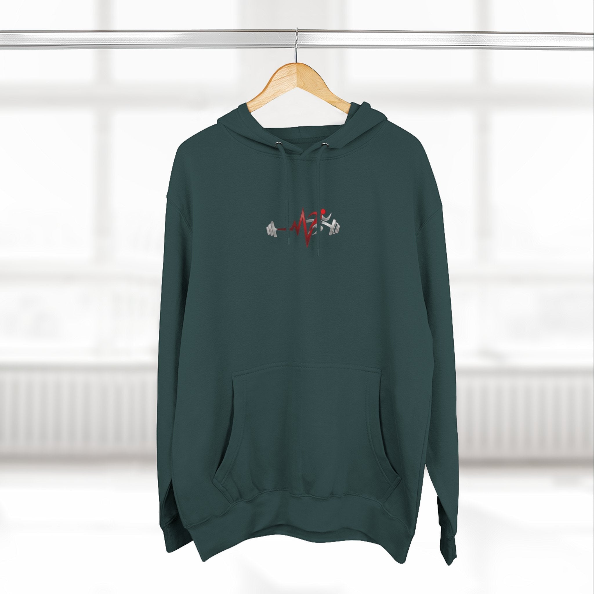 Pulse Fitne55 dark teal fleece pullover hoodie with adjustable hood, kangaroo pocket, and fitness graphic.