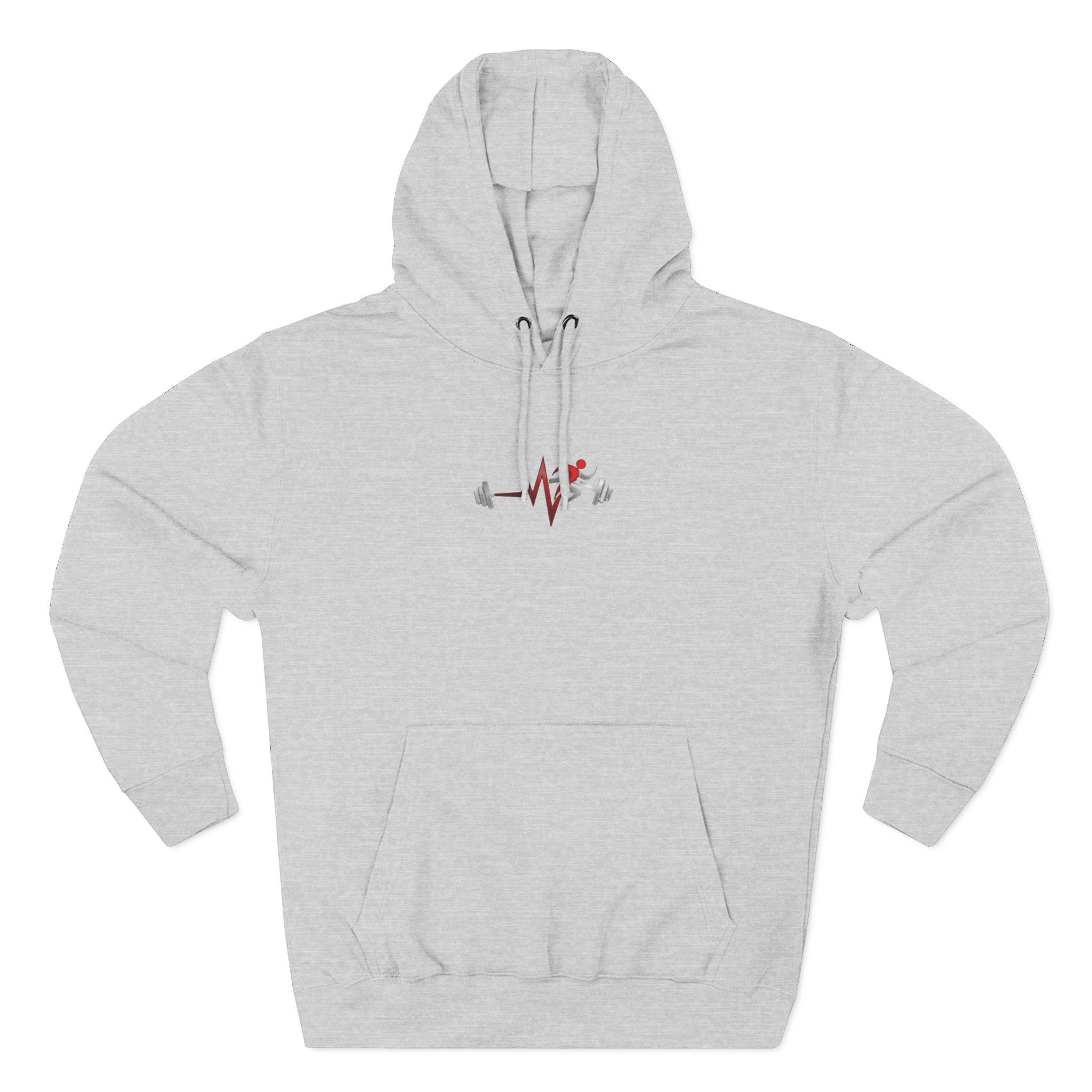 Pulse Fitne55 light grey fleece pullover hoodie with adjustable hood, kangaroo pocket, and embroidered chest graphic.