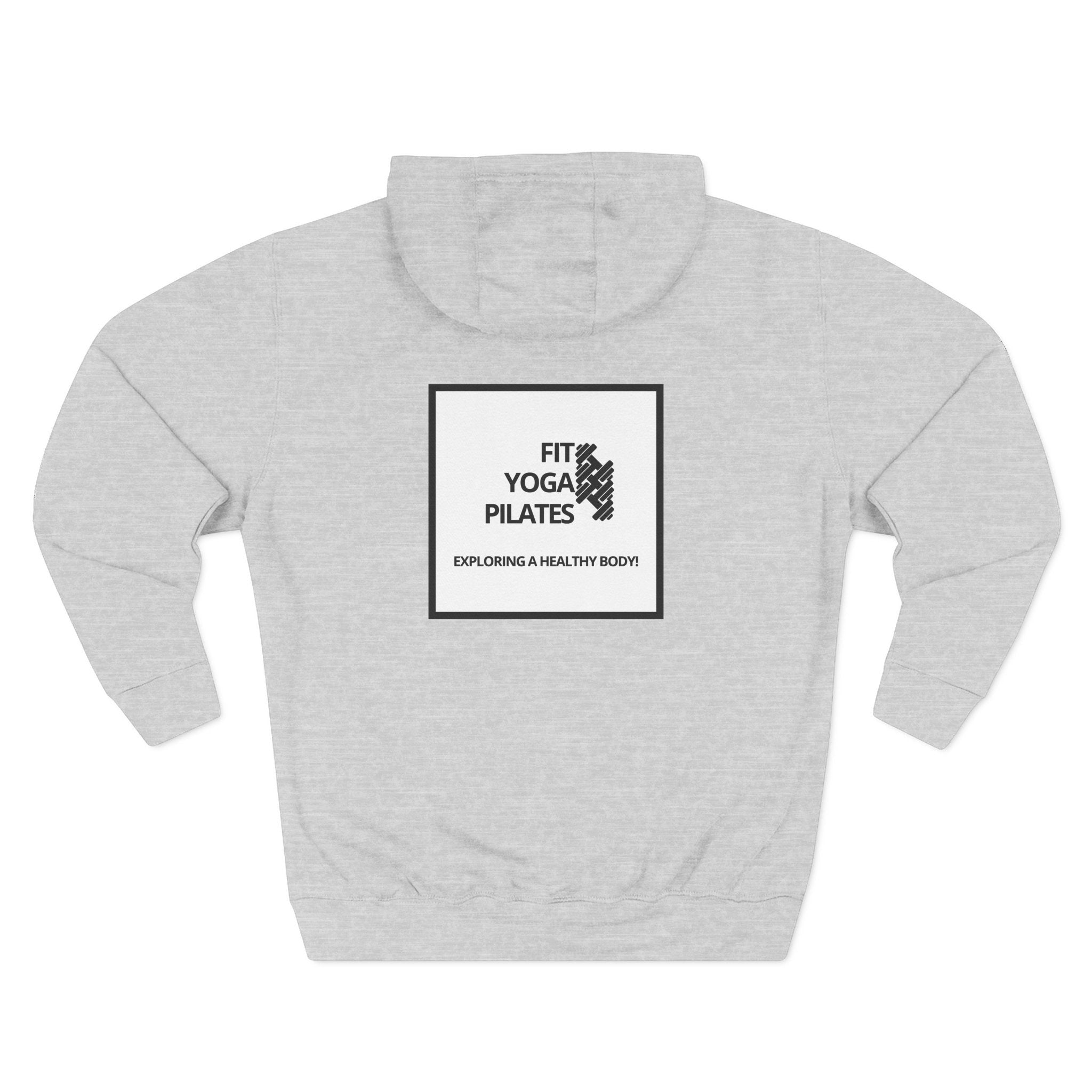 Pulse Fitne55 grey fleece pullover hoodie with 'Fit Yoga Pilates' graphic on back. Adjustable hood, kangaroo pocket.