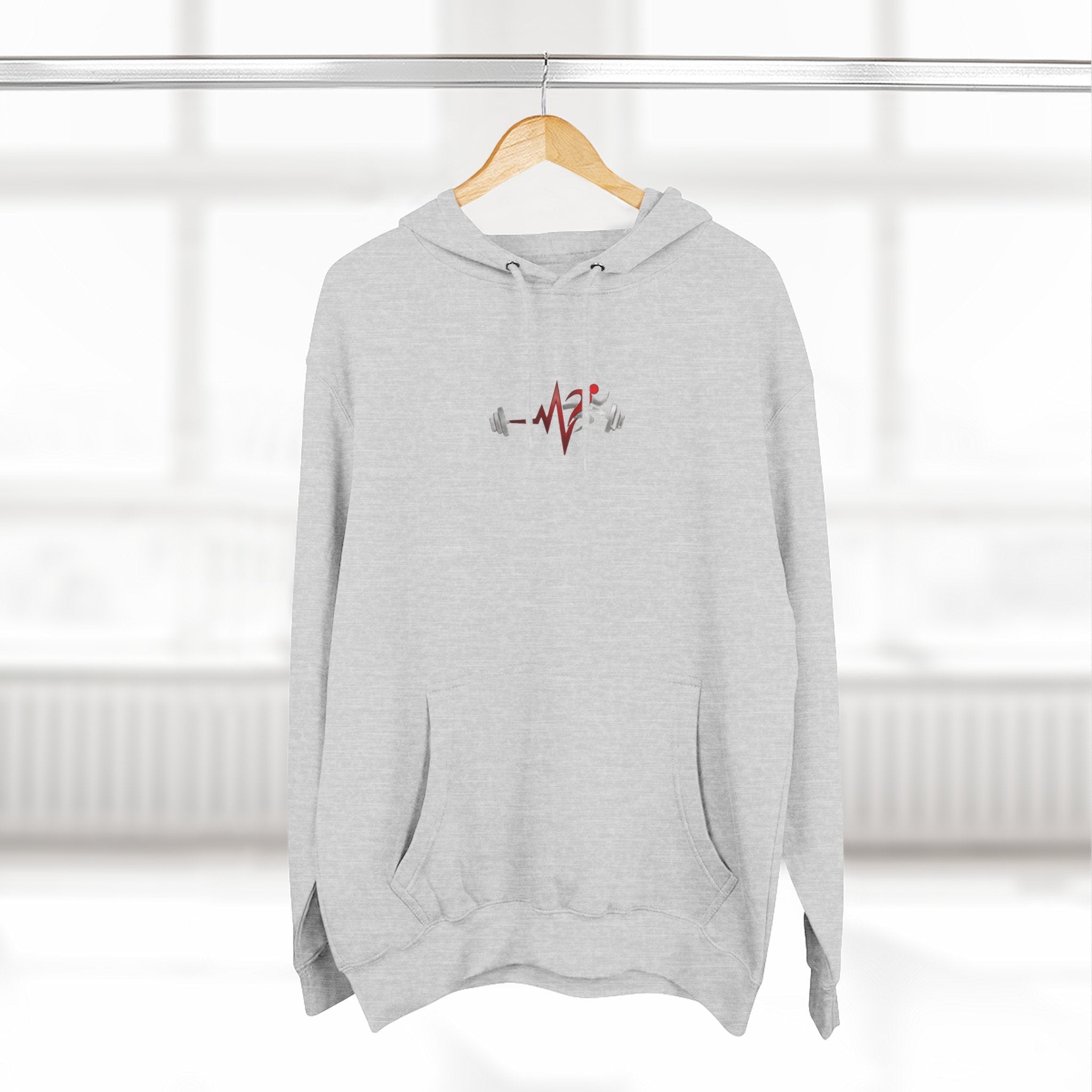 Pulse Fitne55 light grey fleece pullover hoodie with adjustable hood, kangaroo pocket, and chest graphic. Ideal for yoga and fitness.