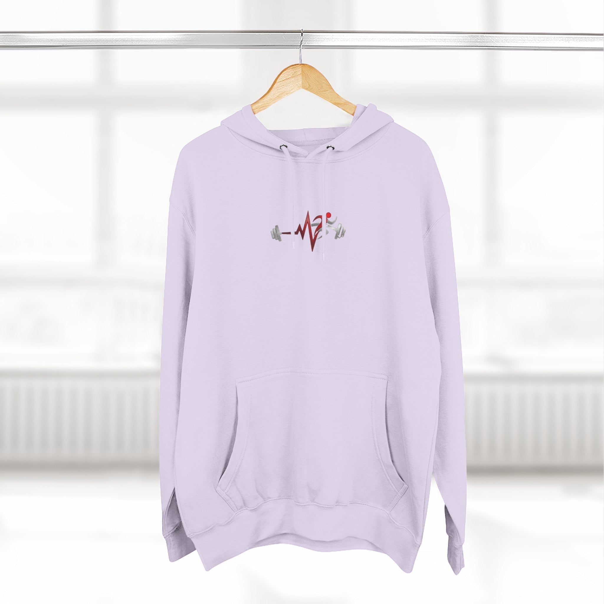 Pulse Fitne55 light purple fleece pullover hoodie with adjustable hood, kangaroo pocket, and chest graphic. Ideal for yoga and fitness.