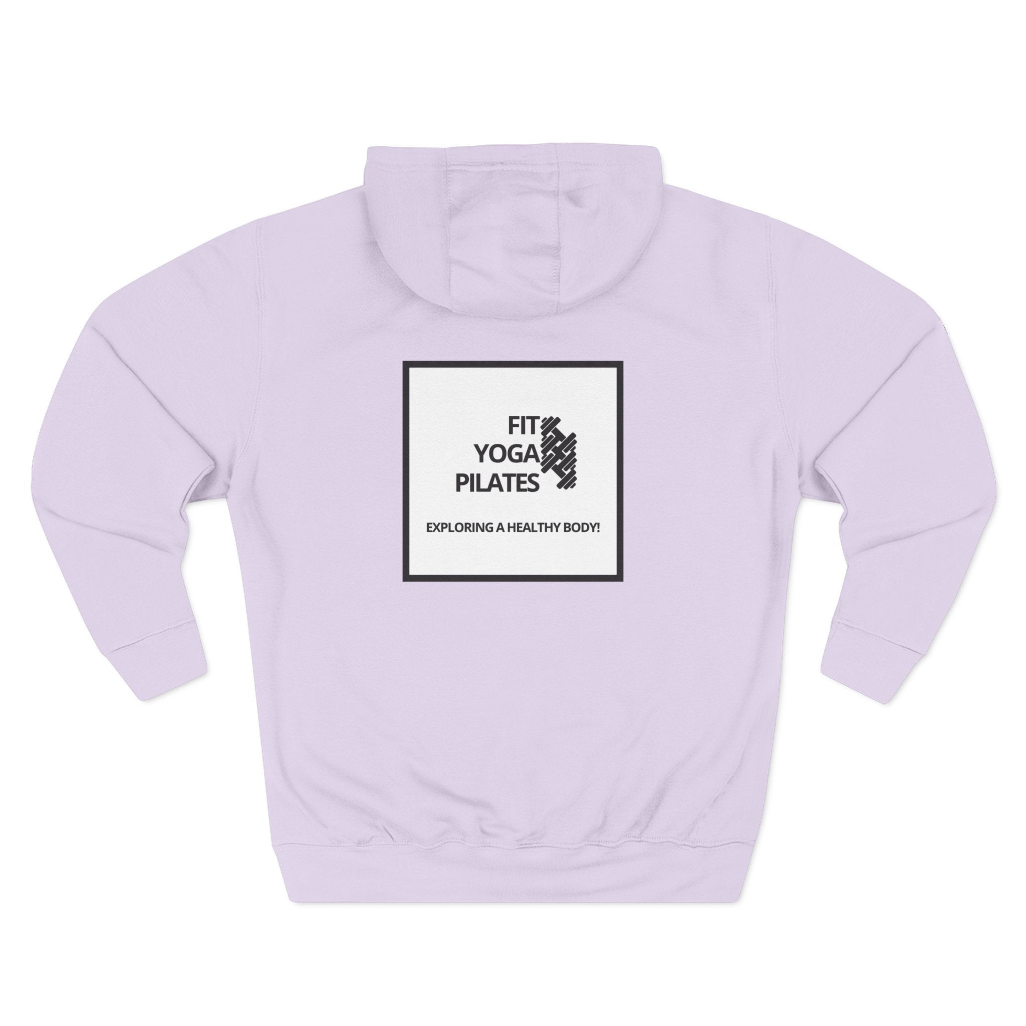 Pulse Fitne55 light purple fleece pullover hoodie with 'Fit Yoga Pilates' graphic on back. Adjustable hood, kangaroo pocket.